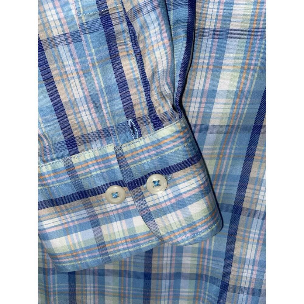 Peter Millar Dress Shirt Men XL Blue Orange Plaid Crown Soft Cotton Silk Button - Picture 5 of 11